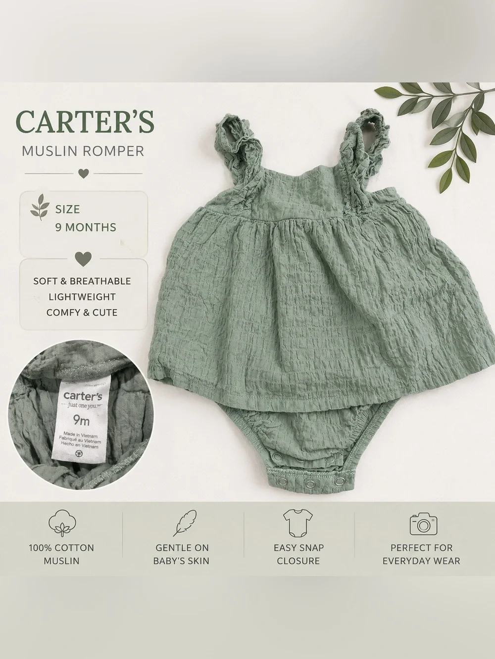 Carter’s Sage Green Muslin Bubble Romper Bodysuit | Size 9 Months